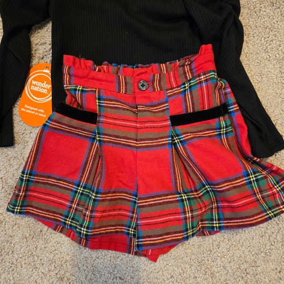 Wonder Nation Girls Black Ribbed Puff Sleeve Top Red Plaid Skort Set Kids 3T - Picture 2 of 3